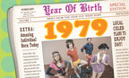 Front cover of a vintage newspaper-themed birthday greeting card for the year 1979, featuring a 'Year Of Birth' headline, 'EXTRA: Amazing Individual Born Today' article, and a retro photo of people doing aerobics. Perfect for a nostalgic birthday gift.