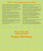 Inside spread of a personalized 1979 'Year Of Birth' newspaper birthday card, detailing historical events, pop culture facts, and news highlights from that specific year. An engaging nostalgic gift.