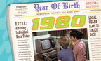 Vintage newspaper-style greeting card with 'Year Of Birth' headline, showing the year 1980 and children looking at an old computer, perfect for a nostalgic birthday gift.