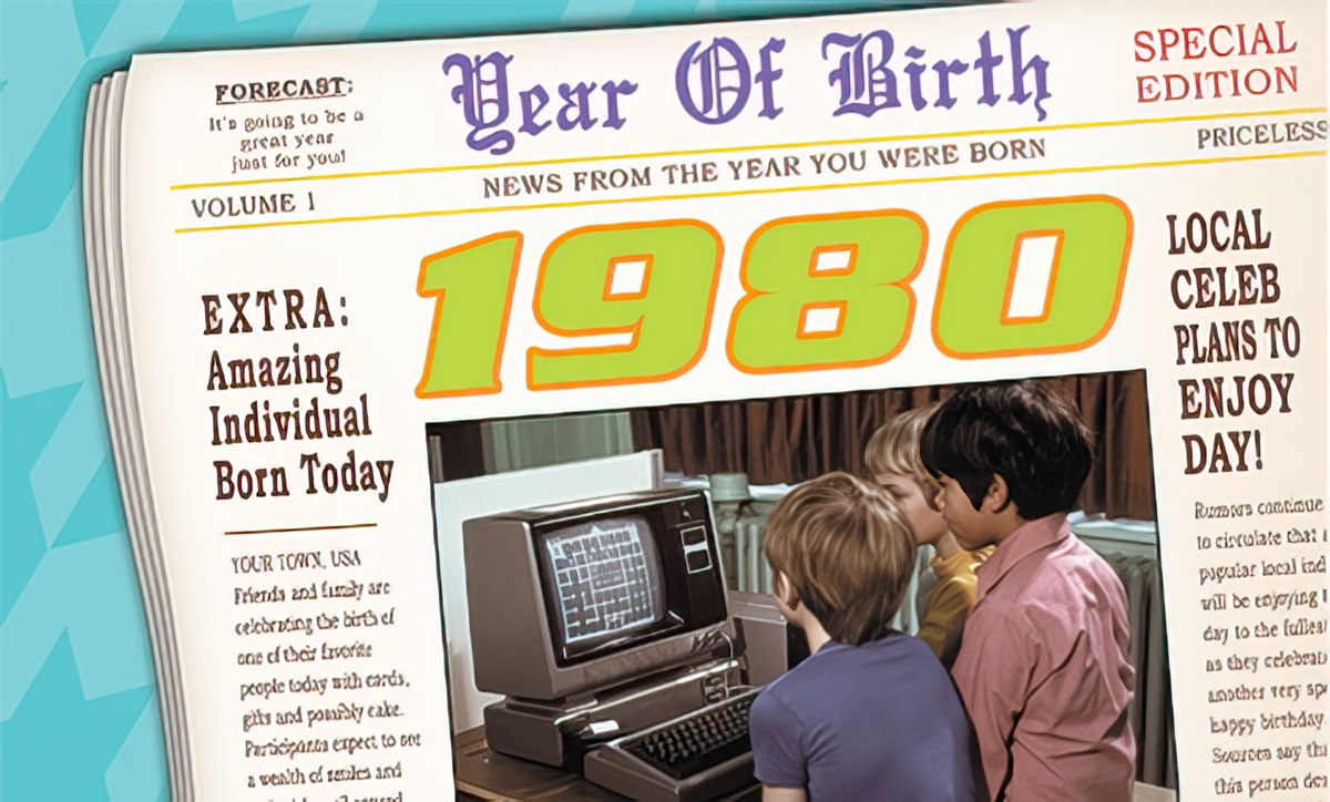 Vintage newspaper-style greeting card with 'Year Of Birth' headline, showing the year 1980 and children looking at an old computer, perfect for a nostalgic birthday gift.