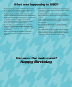 Inside of a lighthearted 'Year of Birth' card featuring a timeline of memorable events from 1980 and a celebratory 'You were the main event! Happy Birthday' message.