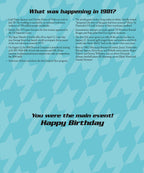 Inside of a personalized 'Year of Birth' birthday card, detailing historical events from 1981 such as Lady Diana's wedding, Space Shuttle Columbia, IBM PC launch, and Donkey Kong debut, with a celebratory 'You were the main event! Happy Birthday' message.