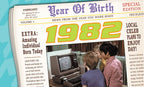 Vintage newspaper-style birthday greeting card for the year 1982, featuring the headline 'Year Of Birth' and an illustration of children looking at an old computer, evoking nostalgia.