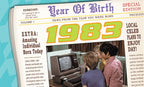 Humorous vintage newspaper-style birthday card for 1983, featuring three young boys looking at an old computer, with headlines like 'Year Of Birth' and 'News From The Year You Were Born'.