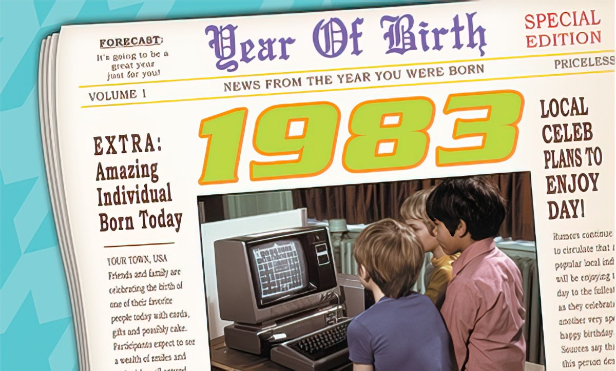 Humorous vintage newspaper-style birthday card for 1983, featuring three young boys looking at an old computer, with headlines like 'Year Of Birth' and 'News From The Year You Were Born'.
