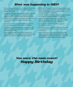Detail shot of a personalized birthday card's interior, listing funny and nostalgic facts from 1983, including pop culture and historical events.
