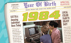 Vintage newspaper-style birthday card celebrating the birth year 1984, featuring headline 'News From The Year You Were Born' and image of children gathered around a retro computer, ideal for a nostalgic gift.