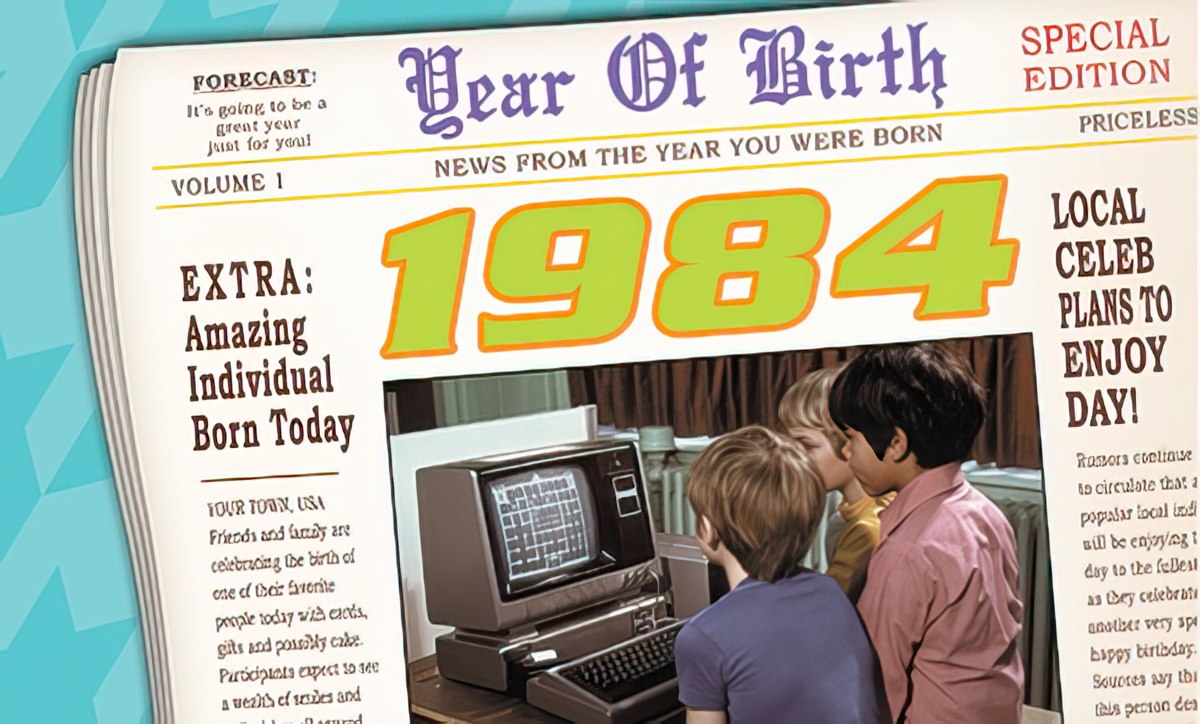 Vintage newspaper-style birthday card celebrating the birth year 1984, featuring headline 'News From The Year You Were Born' and image of children gathered around a retro computer, ideal for a nostalgic gift.