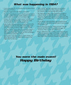 Inside of a 'Year of Birth' greeting card detailing pop culture and historical events from 1984, including movies, music, and technology highlights, with the message 'You were the main event! Happy Birthday' to personalize the celebration.
