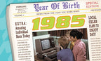 Vintage 1985 newspaper-style greeting card celebrating a birthday, showing children looking at an old computer, perfect for a nostalgic 'Year You Were Born' gift.