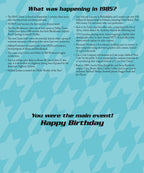 Inside of a 'Year of Birth' greeting card detailing historical events from 1985 like Live Aid and Microsoft Windows 1.0, with a 'Happy Birthday' message.