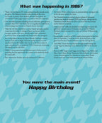 Detailed internal view of a 'What was happening in 1986?' birthday card, listing significant global events, pop culture moments, and scientific milestones from that year, including The Oprah Winfrey Show debut, Chernobyl, and the Space Shuttle Challenger disaster, designed for a fact-filled nostalgic gift.