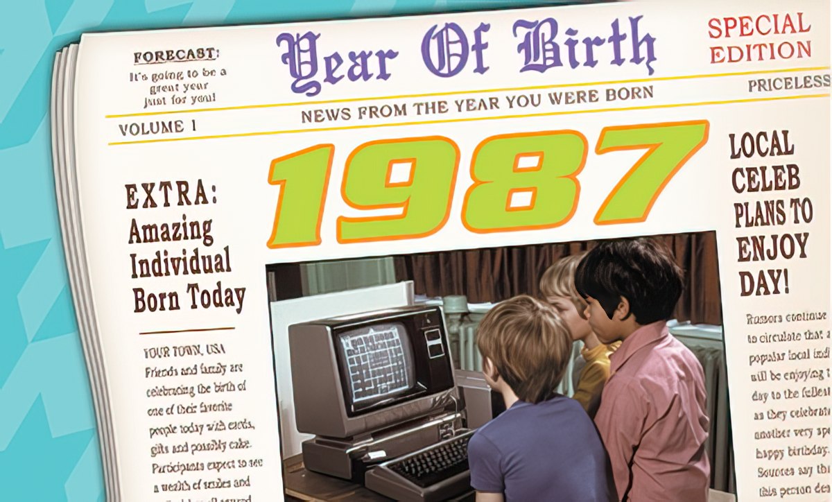 Vintage newspaper-style birthday greeting card cover featuring 'Year Of Birth' headline, large '1987' graphic, and illustration of children looking at an old computer, evoking nostalgia and a lighthearted tone.