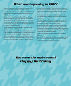 Interior of a 'Year You Were Born' greeting card with a list of significant historical events and pop culture moments from the year 1987, perfect for a nostalgic birthday gift.