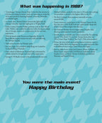 Interior spread of the 1988 'News From Your Birth Year' greeting card. The light blue background features text detailing historical events, pop culture highlights, sports, and trivia from 1988. Key sections read 'What was happening in 1988?' and 'You were the main event! Happy Birthday'.