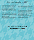 Inside of a greeting card with the heading 'What was happening in 1989?' followed by bullet points listing historical events like The Simpsons debut, Nintendo Game Boy release, and the fall of the Berlin Wall. The bottom of the card reads 'You were the main event! Happy Birthday'.