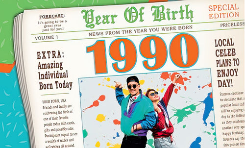 Front of a vintage newspaper-style birthday greeting card, highlighting 'Year Of Birth 1990' with a retro graphic of people in 90s fashion, perfect for celebrating a milestone birthday.