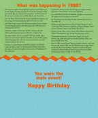 Inside view of the 1990 'What was happening?' birthday card, listing cultural events, movies, and historical facts from the year 1990 for a personalized and engaging touch.
