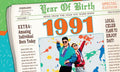Front of a retro newspaper-style birthday greeting card, prominent '1991' headline, featuring a 90s-themed couple celebrating, perfect for a vintage birth year card.
