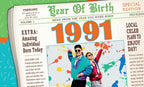 Front of a retro newspaper-style birthday greeting card, prominent '1991' headline, featuring a 90s-themed couple celebrating, perfect for a vintage birth year card.