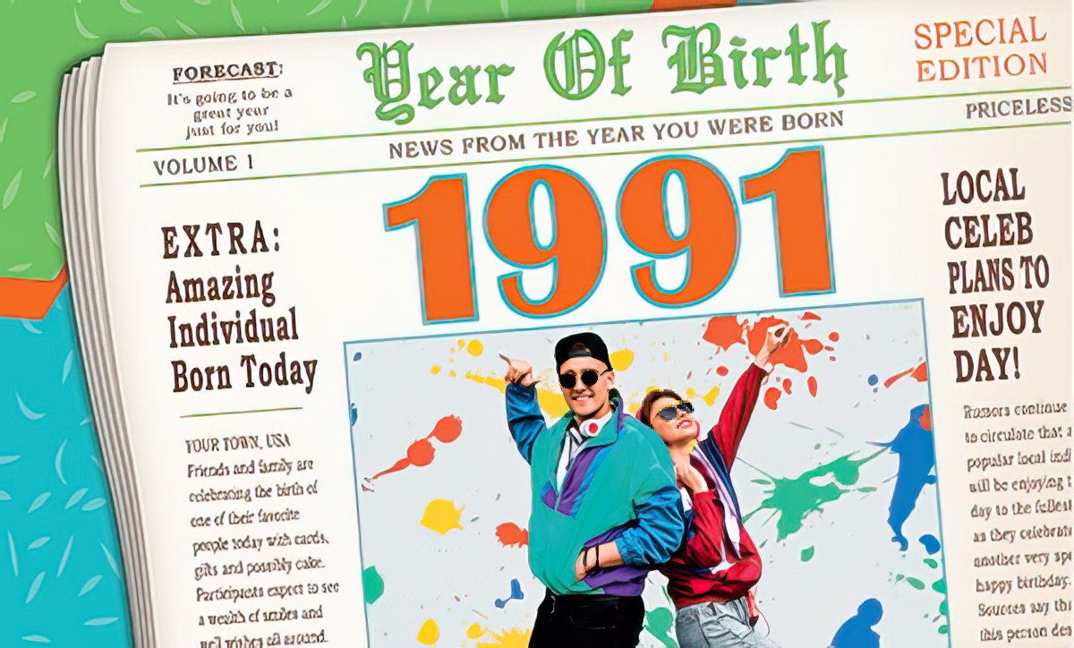 Front of a retro newspaper-style birthday greeting card, prominent '1991' headline, featuring a 90s-themed couple celebrating, perfect for a vintage birth year card.