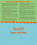 Inside of a 1991 birth year greeting card, listing significant events, music, movies, and news from that year, with a celebratory 'Happy Birthday' message.