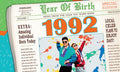 Nostalgic 1992 year of birth greeting card for him, featuring a retro newspaper design with headlines like 'Year of Birth 1992' and 'Amazing Individual Born Today', alongside a vibrant image of a couple in 90s fashion.