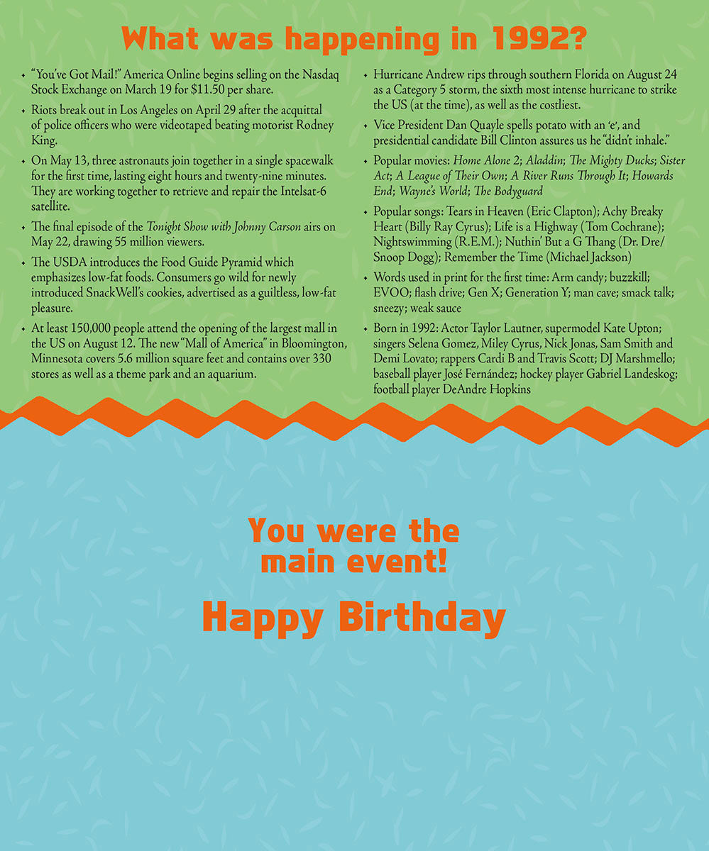 Detailed text panel for a 1992 birthday card, listing historical events, popular movies, music, and cultural facts from the year 1992, with the headline 'What was happening in 1992?' and 'You were the main event! Happy Birthday'.