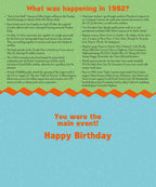 Detailed text panel for a 1992 birthday card, listing historical events, popular movies, music, and cultural facts from the year 1992, with the headline 'What was happening in 1992?' and 'You were the main event! Happy Birthday'.
