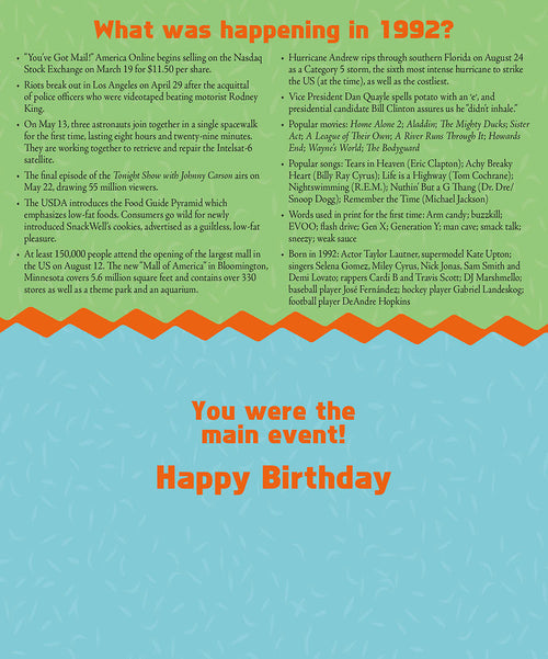 Detailed text panel for a 1992 birthday card, listing historical events, popular movies, music, and cultural facts from the year 1992, with the headline 'What was happening in 1992?' and 'You were the main event! Happy Birthday'.