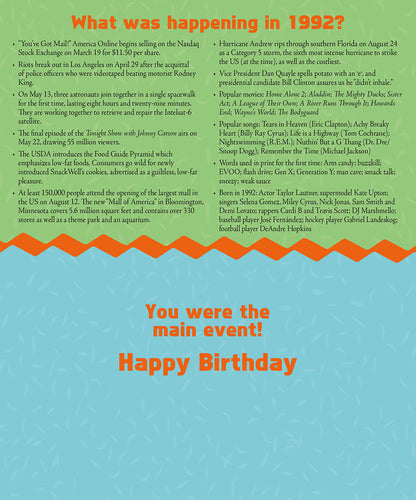 Inside of a 1992 Birthday Card detailing historical events, pop culture, and music from the year 1992.
