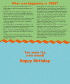 Back of a 1993 Year of Birth birthday card detailing key historical events, pop culture highlights, music, and movies from 1993, presented as bulleted facts for a unique and entertaining read.