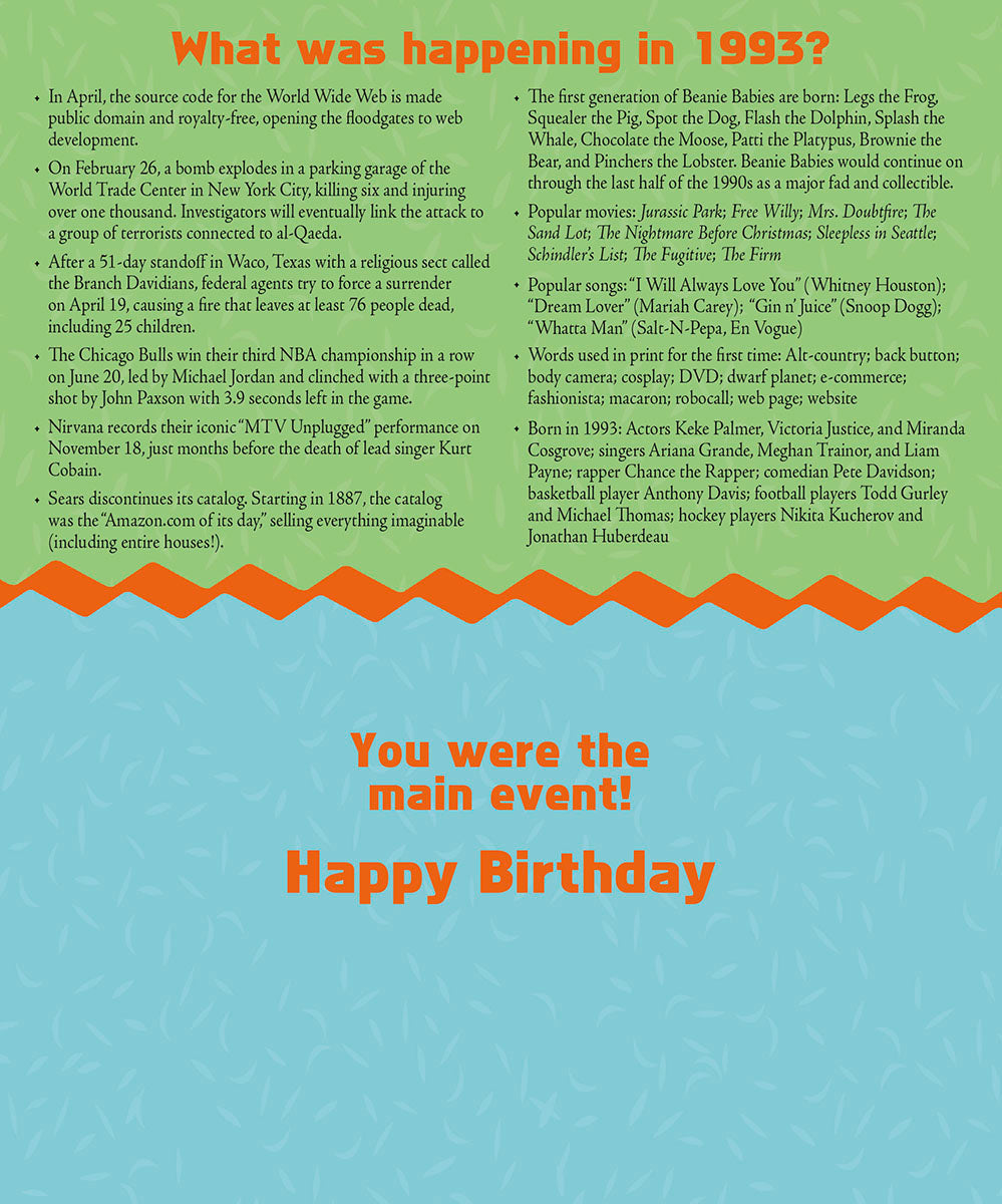 Back of a 1993 Year of Birth birthday card detailing key historical events, pop culture highlights, music, and movies from 1993, presented as bulleted facts for a unique and entertaining read.