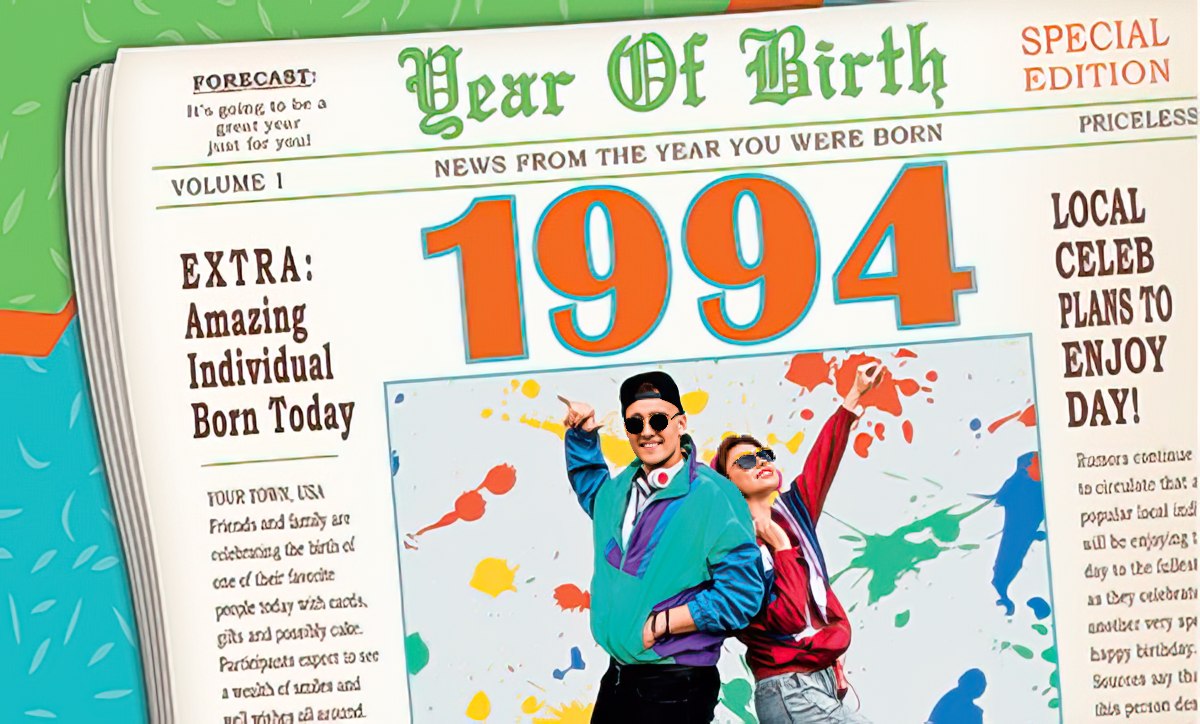 Front of a 'Year Of Birth 1994' newspaper-style birthday card with a colorful graphic of people and "EXTRA: Amazing Individual Born Today".