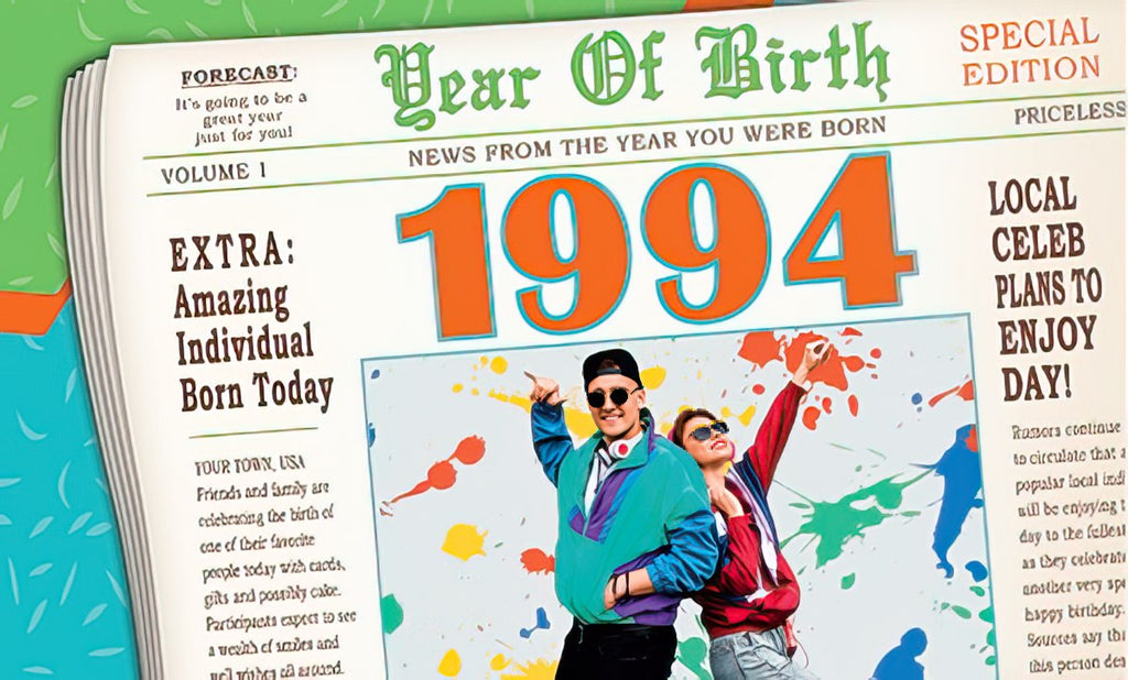 Vintage 1994 'Year of Birth' newspaper-style greeting card featuring 90s fashion couple, celebrating a milestone birthday with nostalgic facts.