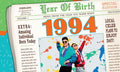 Vintage 1994 'Year of Birth' newspaper-style greeting card featuring 90s fashion couple, celebrating a milestone birthday with nostalgic facts.