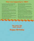 Inside details of a 1994 'Year of Birth' greeting card, listing significant cultural, political, and pop culture events from that year, designed for a personalized birthday.