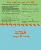Inside view of a 'Year of Birth 1995' birthday card detailing historical events, pop culture, and news from 1995 with the message 'You were the main event! Happy Birthday'.