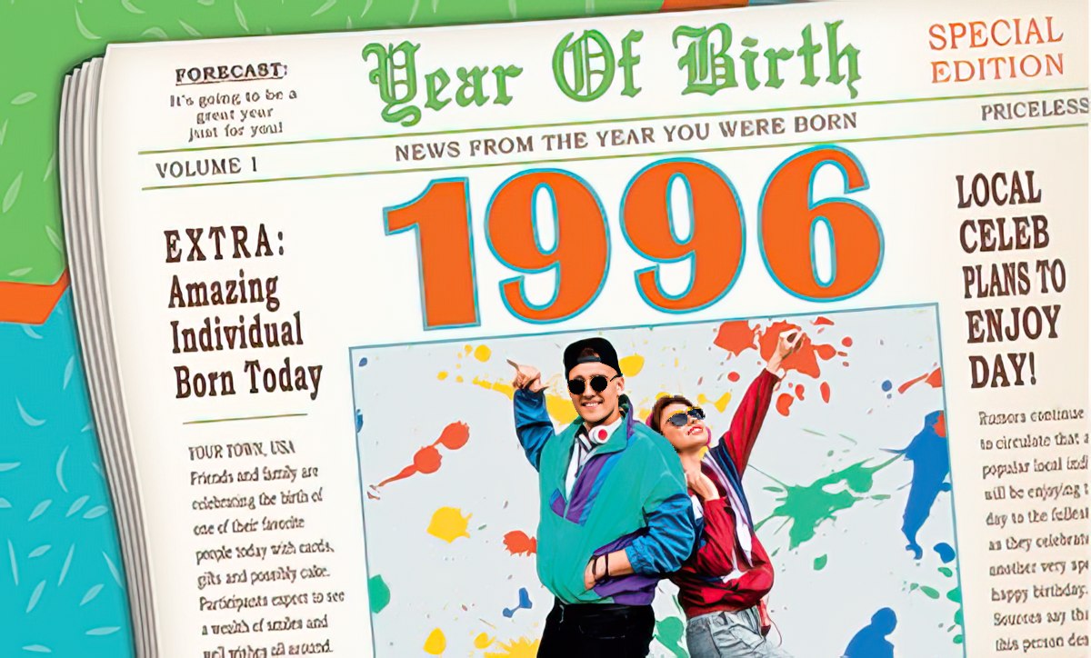Vintage newspaper-style greeting card for a 1996 birthday, featuring a prominent '1996' headline, retro imagery of two people dancing, and humorous news snippets like 'Amazing Individual Born Today' and 'Local Celeb Plans To Enjoy Day!'