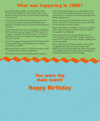 Open greeting card interior revealing historical facts, popular culture highlights, music, movies, and famous births from 1996, with a celebratory message: 'You were the main event! Happy Birthday.'