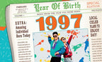 Front cover of a 'Year Of Birth' greeting card designed as a retro newspaper, prominently displaying '1997' and vibrant 90s-style illustrations of people dancing, with headlines like 'EXTRA: Amazing Individual Born Today'.