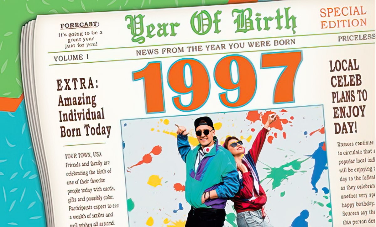 Front cover of a 'Year Of Birth' greeting card designed as a retro newspaper, prominently displaying '1997' and vibrant 90s-style illustrations of people dancing, with headlines like 'EXTRA: Amazing Individual Born Today'.