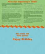 Inside pages of a 'What was happening in 1997?' greeting card, detailing historical events, popular movies, music artists, and significant news from that specific year, with a 'You were the main event! Happy Birthday' message.