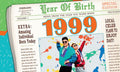Front of a funny 1999 'Year of Birth' greeting card designed like a vintage newspaper, featuring '1999' headline, people in 90s fashion, and snippets like 'Amazing Individual Born Today'. Perfect for a friend's birthday.
