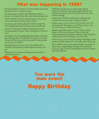 Inside a 1999 'Year of Birth' greeting card, showing a 'What was happening in 1999?' section with bullet points listing pop culture, historical events, and technology facts from the year, ending with 'You were the main event! Happy Birthday'.