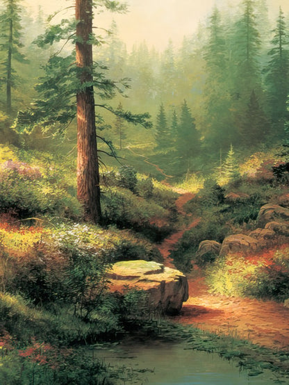 Sympathy card depicting a sun-dappled forest path leading to a rock by a tranquil stream.
