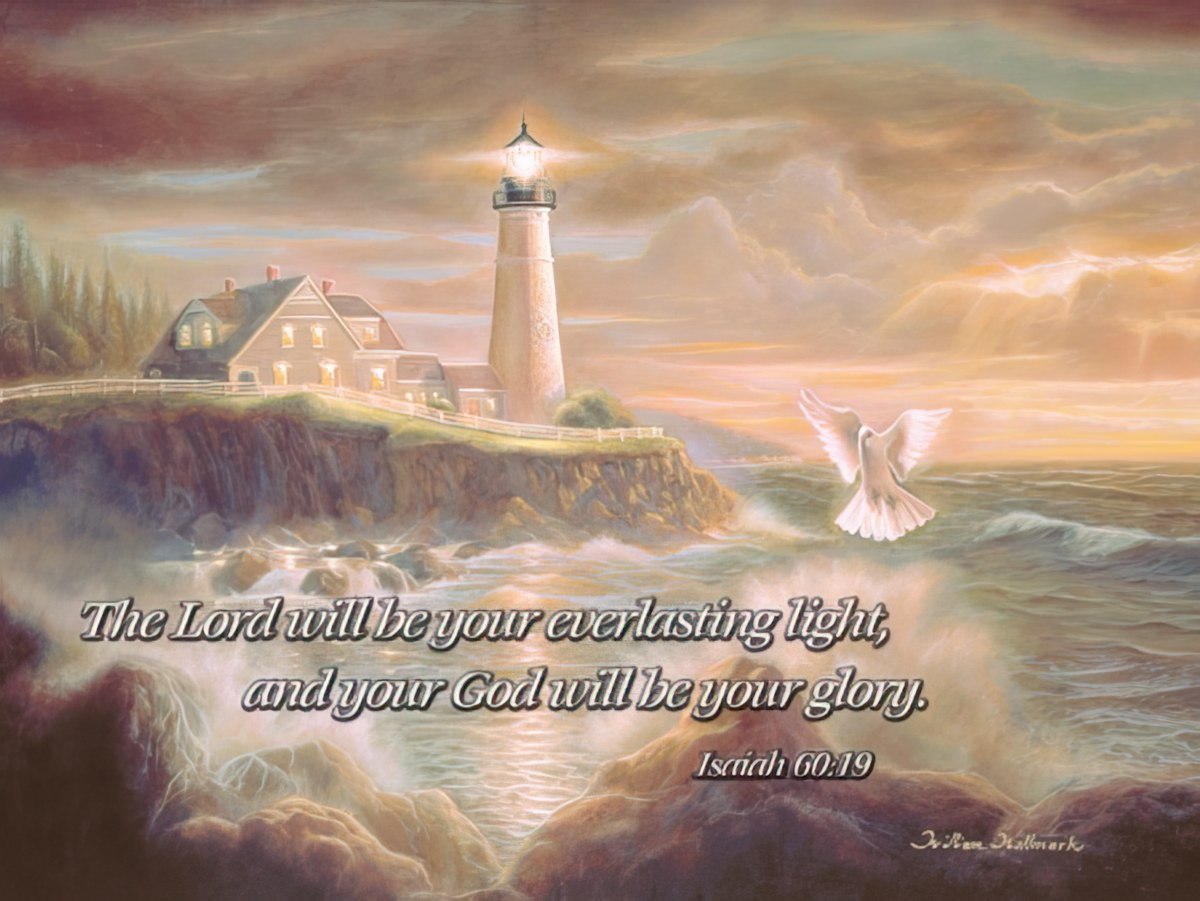 Greeting card front with a lighthouse at sunset and text "The Lord will be your everlasting light" from Isaiah 60:19.