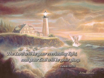 Greeting card front with a lighthouse at sunset and text "The Lord will be your everlasting light" from Isaiah 60:19.