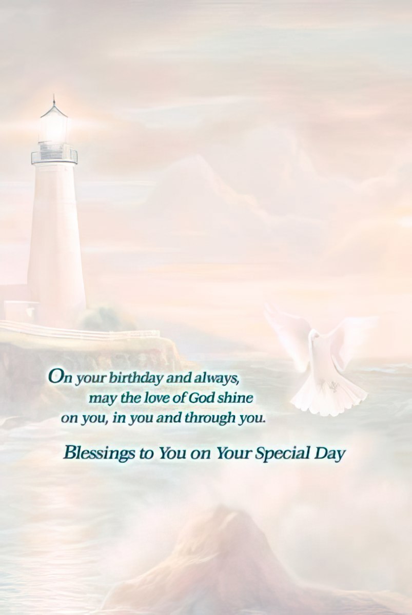 Inside of lighthouse card with a dove and text "Blessings to You on Your Special Day" for a birthday.