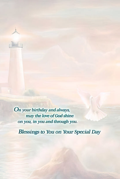 Inside of lighthouse card with a dove and text "Blessings to You on Your Special Day" for a birthday.